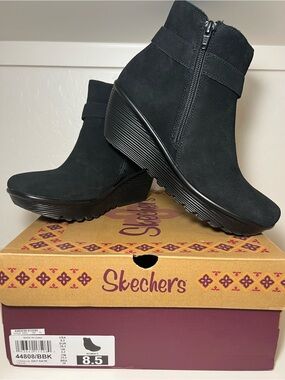 Skechers Black Suede Wedge Ankle Boots with Side Zip